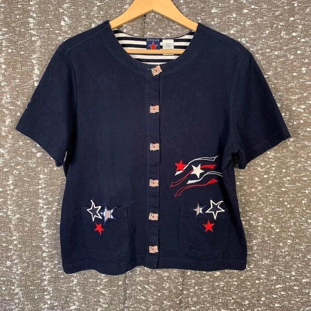 Vtg Onque Casuals Embroidered Patriotic Short Sleeve Shirt 4th of July Women's L